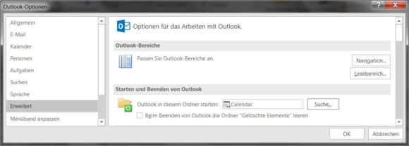 Ansicht nach dem Start von Outlook festlegen