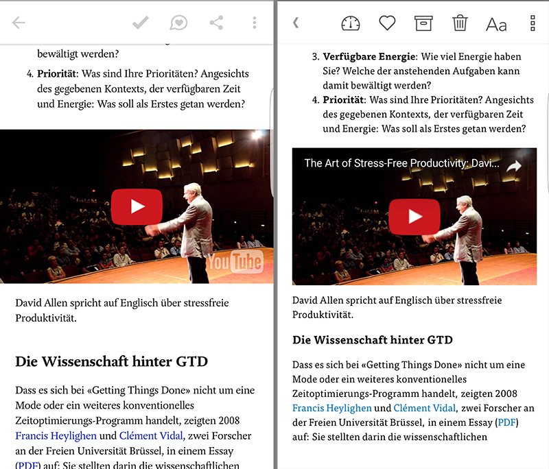 Pocket (links) und Instapaper bringen Online-Artikel auf dem Smartphone in Form.