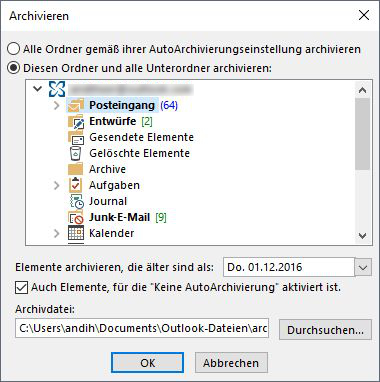 Outlook-Ordner lassen sich auch manuell archivieren.