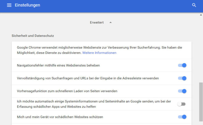 Google Chrome: Safe Browsing Einstellung