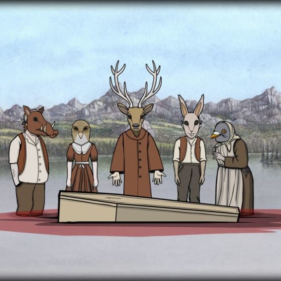 Image tirée du jeu Rusty Lake Paradise: Silhouettes d’animaux devant un cercueil
