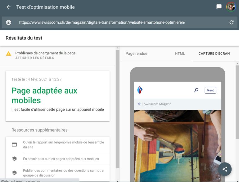 Google: Test d'optimisation mobile