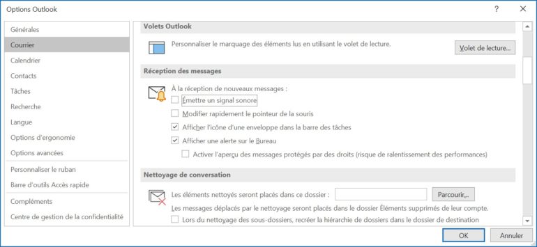 Dans les options, vous décidez comment et si Outlook vous informe des nouveaux e-mails.