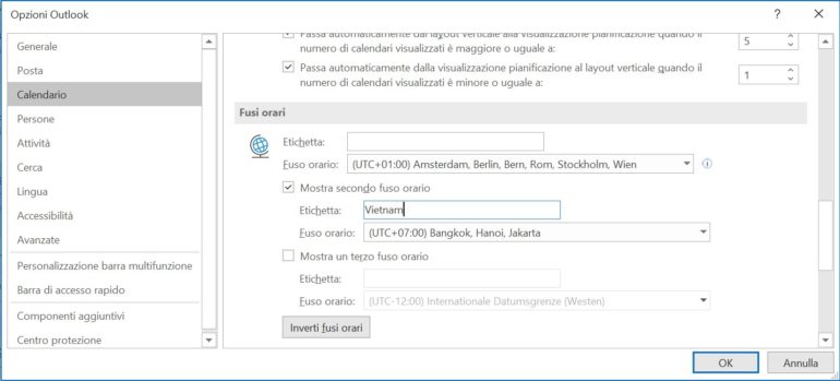 Il calendario di Outlook può visualizzare diversi fusi orari.